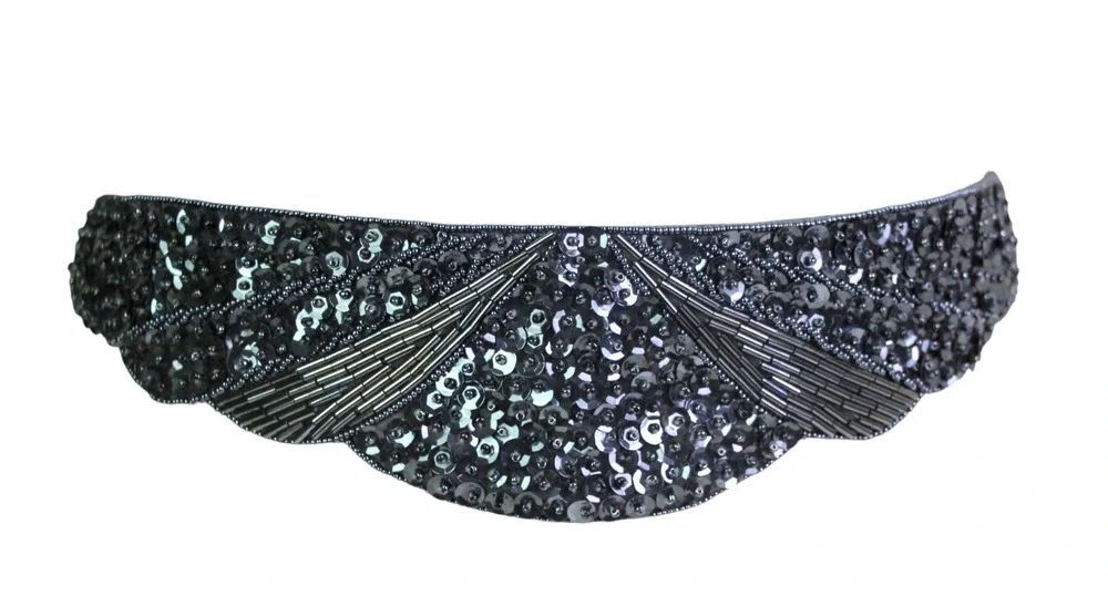 Milor HANDBEADED BLUE GRAY SEQUINS EMBROIDERY ELASTIC SILK DRESS BELT Sz M (F29